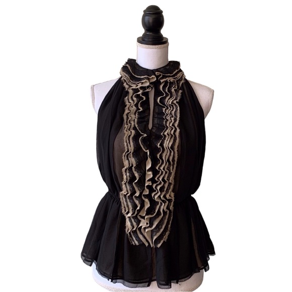 ROBERT RODRIGUEZ TWO TONE SHEER CHIFFON SLEEVELESS RUFFLE PEPLUM BLOUSE - Picture 15 of 16